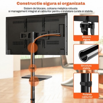 Suport TV Mobil pe Roti Runex®, Stand pentru Televizoare 23-60 Inch, Compatibil VESA 100x100 - 400x400 mm, Inaltime Reglabila 139.7-144.8 cm, TV Plat sau Curbat, Sarcina Maxima 39.9 kg, Raft Reglabil, Inclinare -2°/+8°, Roti cu Blocare, Management Cabluri - Img 7