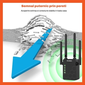 Amplificator Wireless Runex®, Dual Band 2.4G / 5G, Viteza 300 Mbps pe 2.4G si 866 Mbps pe 5G, 4 Antene 2dBi, 2 Porturi LAN, Semnal Stabil, Fallback Automat, Acoperire Puternica - Img 3