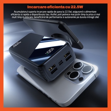 Baterie Externa Runex®, Model PB910, 30.000mAh, Power Bank Portabil, Incarcare Rapida 22.5W, 6 Porturi, Display LED, Compatibil Apple, Samsung, Universal, Acumulator 4 Cabluri, Type-C, Lightning, Micro-USB, USB-A - Img 2