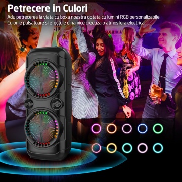 Boxa Portabila Tip Troler Runex®, Microfon, Telecomanda, Bluetooth, 30W, RGB, Auxiliar, Card SD, Radio FM, Difuzoare 8 Inch - Img 4