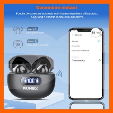 Casti Wireless Audio fara Fir RUNEX®, Model Urban CX20, Afisaj LED, Control Tactil, Autonomie 40h, Negru - Img 5