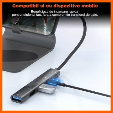 Hub USB 4 in 1 RUNEX®, Conexiune Type-C, Porturi USB 3.0, Type-C, 2x USB 2.0 - Img 6