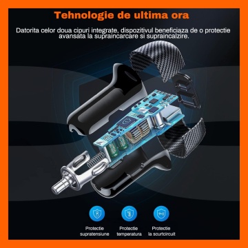Incarcator Auto Rapid RUNEX®, 2 Porturi 52.5W, Power Delivery Type-C 30W, Quick Charger USB 3.1 22.5W, Protectie Scurtcircuit - Img 2