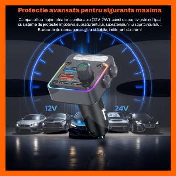 Modulator FM RUNEX®, Incarcator Auto, Bluetooth 5.3, Incarcare Rapida, 54W, Hands-Free, Microfon, Iluminare, Compatibilitate Universala - Img 8