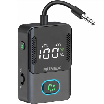 Resigilat - Adaptor Bluetooth Runex®, Bluetooth 5.3, Receptor si Transmitator Audio 2 in 1, RX/TX, Jack 3.5 mm, Display LED, Baterie 240 mAh, Autonomie pana la 17 Ore, Conectare Simultana 2 Dispozitive, Compatibil TV, Telefon, Casti, Boxe, Negru