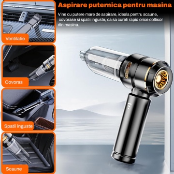 Resigilat - Aspirator Auto 7 in 1 Portabil, Runex®, Model Airo, 16000 PA, Baterie 6000mAh, Autonomie 30 minute, 100W, Motor Brushless, Aspirare, Suflare, Vacuum, 3 Viteze, Type-C, 7 Accesorii, Filtru HEPA, Aspirator Masina si Casa - Img 4
