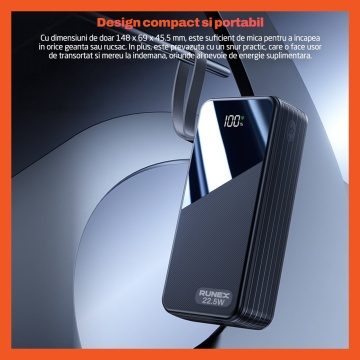 Resigilat - Baterie Externa Runex®, Model PB910, 30.000mAh, Power Bank Portabil, Incarcare Rapida 22.5W, 6 Porturi, Display LED, Compatibil Apple, Samsung, Universal, Acumulator 4 Cabluri, Type-C, Lightning, Micro-USB, USB-A - Img 3