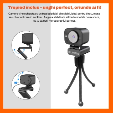 Resigilat - Camera Web Runex® 4K, 8MP, Auto-Focus Rotire 360 Grade, Microfon Dual, Trepied - Img 9
