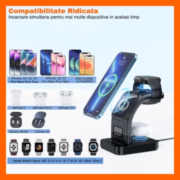 Resigilat - Incarcator Wireless 5 in 1 RUNEX®, Statie de Incarcare Rapida, Ceas Digital, Lumina de Veghe, Alarma, Fast Charging Compatibil - Img 2