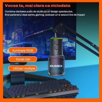 Resigilat - Microfon Gaming RUNEX®, Pop Filter, Condensator, Brat Articulat Prindere Masa, Iluminare RGB, Reducere Zgomot, Echo & Volume Control, USB-C, 16mm, Streaming Youtube, Tiktok, Twitch, Discord, Compatibil Universal, Mufa Jack 3.5mm, Negru - Img 6