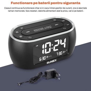Resigilat - Radio cu Ceas RUNEX®, Alarma Dubla, Lumina de Veghe in 7 Culori, Afisaj Digital cu Luminozitate Reglabila 0-100%, Radio FM, Port USB, Incarcarea Telefonului, Temporizator Somn, Memorare Setari prin Baterii, 12x6x6 cm, Design Modern, Negru - Img 4