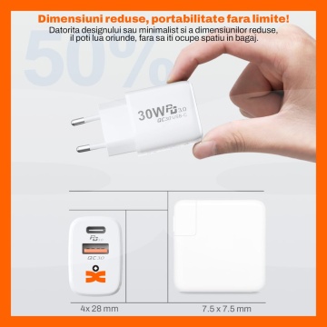 Resigilat - Set Incarcator 30W Runex®, Porturi Type-C si USB-A, Compatibil iPhone, Samsung, Huawei, Universal, Cablu Type-C 100 cm - Img 5