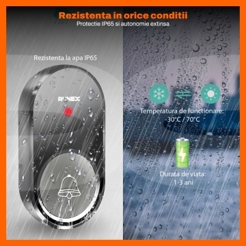 Resigilat - Sonerie Wireless Cu 2 Receptoare Runex®, pentru Usa, Poarta, Exterior, Digitala, Electrica, Raza De Actiune 300 m fara Fir, IP65, 55 Melodii, 5 Niveluri De Volum, 110 dB, Indicator LED, Alimentare La Priza AC, Negru - Img 5