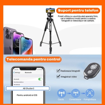 Resigilat - Trepied Foto Runex® Profesional, Telecomanda, Suport Telefon, Ajustabil 54 - 155cm, Pliabil, Husa, Nivela, Aluminiu, Negru - Img 5