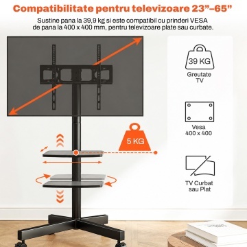 Suport TV Mobil pe Roti Runex®, Stand pentru Televizoare 23-60 Inch, Compatibil VESA 100x100 - 400x400 mm, Inaltime Reglabila 139.7-144.8 cm, TV Plat sau Curbat, Sarcina Maxima 39.9 kg, Raft Reglabil, Inclinare -2°/+8°, Roti cu Blocare, Management Cabluri - Img 4