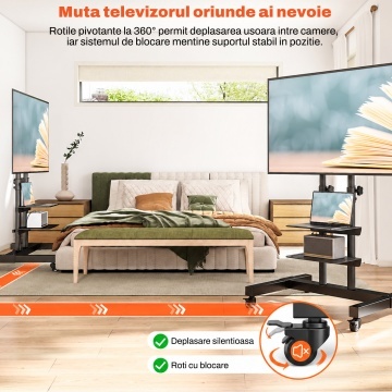 Suport TV Mobil pe Roti Runex®, Stand pentru Televizoare 32-80 Inch, Compatibil VESA 100x100 - 600x400 mm, Inaltime Reglabila 112-162 cm, Sarcina Maxima 40 kg, 2 Rafturi Media, Structura Dubla, Roti 360° cu Blocare, Management Cabluri, Sistem de Siguranta - Img 7