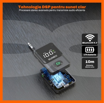 Adaptor Bluetooth Runex®, Bluetooth 5.3, Receptor si Transmitator Audio 2 in 1, RX/TX, Jack 3.5 mm, Display LED, Baterie 240 mAh, Autonomie pana la 17 Ore, Conectare Simultana 2 Dispozitive, Compatibil TV, Telefon, Casti, Boxe, Negru - Img 3
