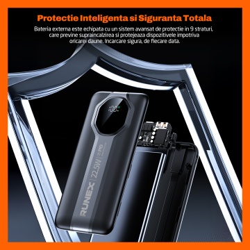 Baterie Externa Runex®, Model PB900, 20.000mAh, Power Bank Portabil, Incarcare Rapida 22.5W, 3 Porturi, Display LED, Compatibil Apple, Samsung, Universal, Acumulator 2 Cabluri, Type-C, Lightning - Img 4