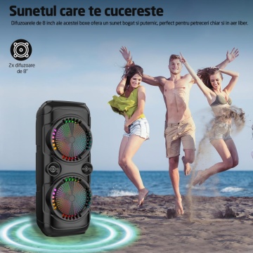 Boxa Portabila Tip Troler Runex®, Microfon, Telecomanda, Bluetooth, 30W, RGB, Auxiliar, Card SD, Radio FM, Difuzoare 8 Inch - Img 5