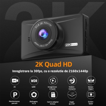 Camera Auto DVR, WowStep®, Model K-A3, 2K, Unghi de vizualizare de 170°, Night Vision,Card 64gb, Ventuza si Adeziv 3M, Diafragma f/1.8 - Img 8