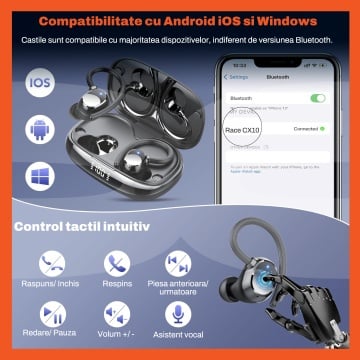 Casti Audio Wireless RUNEX®, Model Race TX10, Sport, Microfon ENC, Afisaj LED, Control Tactil, Autonomie 72h, Carcasa Magnetica, 600mAh, Negru - Img 5