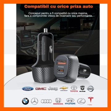 Incarcator Auto Rapid RUNEX®, 2 Porturi 52.5W, Power Delivery Type-C 30W, Quick Charger USB 3.1 22.5W, Protectie Scurtcircuit - Img 3