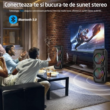 Resigilat - Boxa Portabila Tip Troler Runex®, Microfon, Telecomanda, Bluetooth, 30W, RGB, Auxiliar, Card SD, Radio FM, Difuzoare 8 Inch - Img 3