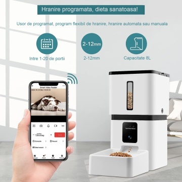 Resigilat - Hranitor Automat pentru Caini si Pisici, WowStep®, Wireless 5G, Sunet Bidirectional, Capacitate Dispenser Mancare 8l, Functie Adapator, Programabil, Aplicatie Telefon, Sursa Alimentare Duala, Camera Video cu Night Vision, Culoare Alb - Img 8