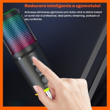 Resigilat - Microfon Gaming RUNEX®, Pop Filter, Condensator, Brat Articulat Prindere Masa, Iluminare RGB, Reducere Zgomot, Echo & Volume Control, USB-C, 16mm, Streaming Youtube, Tiktok, Twitch, Discord, Compatibil Universal, Mufa Jack 3.5mm, Negru - Img 3