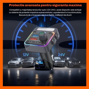 Resigilat - Modulator FM Masina Runex®, Functie Incarcator Auto, Bluetooth 5.3, 2x Porturi Type-C, 2x Porturi USB, Incarcare Rapida, Putere 54W, Hands-Free, Microfon Extern, 5 Moduri Iluminare, Afisaj Digital, Compatibilitate Universala 12V, 24V - Img 8