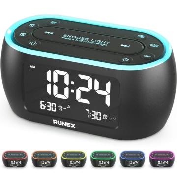 Resigilat - Radio cu Ceas RUNEX®, Alarma Dubla, Lumina de Veghe in 7 Culori, Afisaj Digital cu Luminozitate Reglabila 0-100%, Radio FM, Port USB, Incarcarea Telefonului, Temporizator Somn, Memorare Setari prin Baterii, 12x6x6 cm, Design Modern, Negru