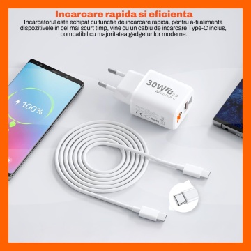 Resigilat - Set Incarcator 30W Runex®, Porturi Type-C si USB-A, Compatibil iPhone, Samsung, Huawei, Universal, Cablu Type-C 100 cm - Img 2