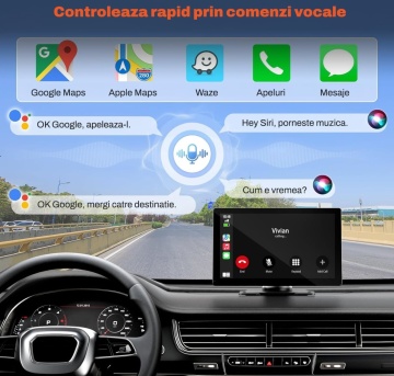Resigilat - Sistem Navigatie Auto Portabil Runex®, CarPlay si Android Auto Wireless, Interfata in Limba Romana, Ecran Touchscreen 9 Inch, Bluetooth 5.0, Control Vocal Siri si Google Assistant, Camera Marsarier HD Inclusa, Unghi 170°, Vedere Noaptea - Img 3