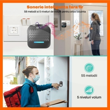 Resigilat - Sonerie Wireless Cu 1 Receptor Runex®, pentru Usa, Poarta, Exterior, Digitala, Electrica, Raza De Actiune 300 m fara Fir, IP65, 55 Melodii, 5 Niveluri De Volum, 110 dB, Indicator LED, Alimentare La Priza AC, Negru - Img 2