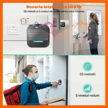 Resigilat - Sonerie Wireless Cu 2 Receptoare Runex®, pentru Usa, Poarta, Exterior, Digitala, Electrica, Raza De Actiune 300 m fara Fir, IP65, 55 Melodii, 5 Niveluri De Volum, 110 dB, Indicator LED, Alimentare La Priza AC, Negru - Img 2