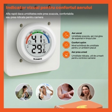 Resigilat - Termometru si Higrometru Digital de Camera Runex®, Ecran LCD 2 inch, Masurare Temperatura si Umiditate, Indicator Vizual de Confort, Actualizare la 10 Secunde, Comutare °C/°F, Indicator Baterie, Suport de Masa si Agatatoare, Pentru Camera - Img 4