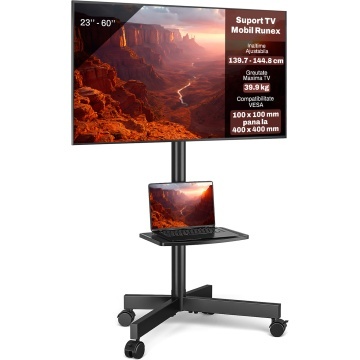 Suport TV Mobil pe Roti Runex®, Stand pentru Televizoare 23-60 Inch, Compatibil VESA 100x100 - 400x400 mm, Inaltime Reglabila 139.7-144.8 cm, TV Plat sau Curbat, Sarcina Maxima 39.9 kg, Raft Reglabil, Inclinare -2°/+8°, Roti cu Blocare, Management Cabluri