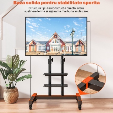 Suport TV Mobil pe Roti Runex®, Stand pentru Televizoare 32-80 Inch, Compatibil VESA 100x100 - 600x400 mm, Inaltime Reglabila 112-162 cm, Sarcina Maxima 40 kg, 2 Rafturi Media, Structura Dubla, Roti 360° cu Blocare, Management Cabluri, Sistem de Siguranta - Img 4