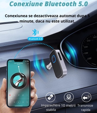 Adaptor Bluetooth 5.0, WowStep®, Receiver Audio cu Port AUX 3.5 mm, Portabil, Compatibil cu Orice Device, pentru Masina, Sistem Audio, Boxe - Img 2