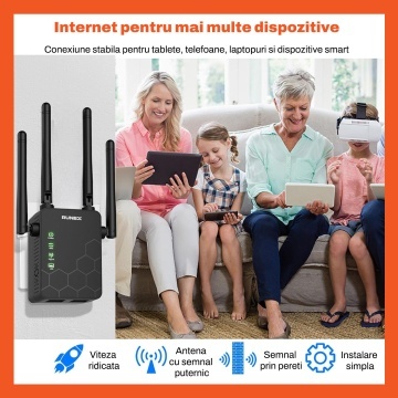 Amplificator Wireless Runex®, Dual Band 2.4G / 5G, Viteza 300 Mbps pe 2.4G si 866 Mbps pe 5G, 4 Antene 2dBi, 2 Porturi LAN, Semnal Stabil, Fallback Automat, Acoperire Puternica - Img 7