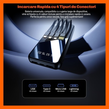Baterie Externa Runex®, Model PB910, 10.000mAh, Power Bank Portabil, Incarcare Rapida 22.5W, 4 Porturi, Display LED, Compatibil Apple, Samsung, Universal, Acumulator 4 Cabluri, Type-C, Lightning, Micro-USB, USB-A - Img 2