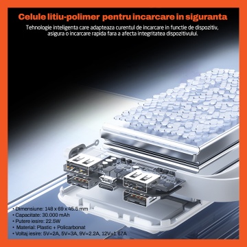Baterie Externa Runex®, Model PB910, 30.000mAh, Power Bank Portabil, Incarcare Rapida 22.5W, 6 Porturi, Display LED, Compatibil Apple, Samsung, Universal, Acumulator 4 Cabluri, Type-C, Lightning, Micro-USB, USB-A - Img 6