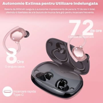 Casti Audio Wireless RUNEX®, Model Race TX10, Sport, Microfon ENC, Afisaj LED, Control Tactil, Autonomie 72h, Carcasa Magnetica, 600mAh, Roz - Img 2