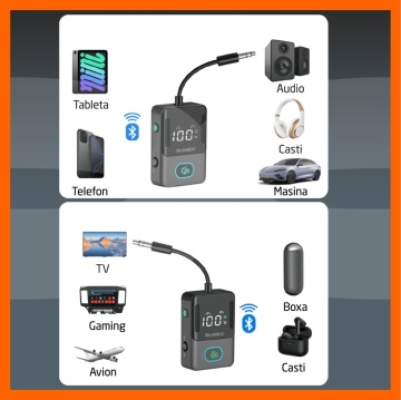 Resigilat - Adaptor Bluetooth Runex®, Bluetooth 5.3, Receptor si Transmitator Audio 2 in 1, RX/TX, Jack 3.5 mm, Display LED, Baterie 240 mAh, Autonomie pana la 17 Ore, Conectare Simultana 2 Dispozitive, Compatibil TV, Telefon, Casti, Boxe, Negru - Img 5