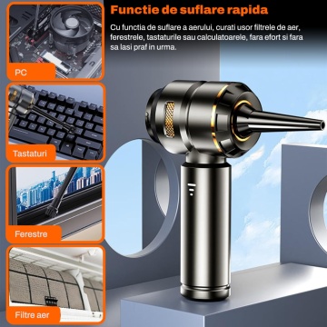 Resigilat - Aspirator Auto 7 in 1 Portabil, Runex®, Model Airo, 16000 PA, Baterie 6000mAh, Autonomie 30 minute, 100W, Motor Brushless, Aspirare, Suflare, Vacuum, 3 Viteze, Type-C, 7 Accesorii, Filtru HEPA, Aspirator Masina si Casa - Img 8