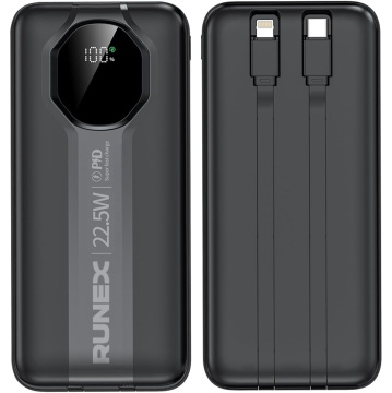 Resigilat - Baterie Externa Runex®, Model PB900, 20.000mAh, Power Bank Portabil, Incarcare Rapida 22.5W, 3 Porturi, Display LED, Compatibil Apple, Samsung, Universal, Acumulator 2 Cabluri, Type-C, Lightning
