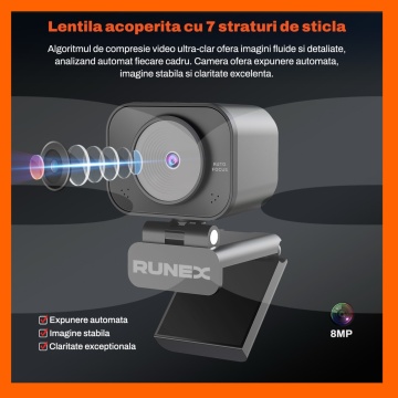 Resigilat - Camera Web Runex® 4K, 8MP, Auto-Focus Rotire 360 Grade, Microfon Dual, Trepied - Img 3