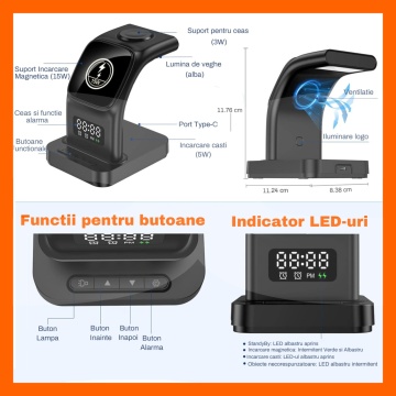 Resigilat - Incarcator Wireless 5 in 1 RUNEX®, Statie de Incarcare Rapida, Ceas Digital, Lumina de Veghe, Alarma, Fast Charging Compatibil - Img 6