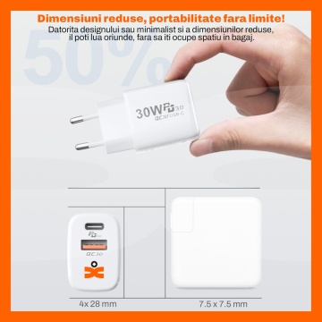 Resigilat - Set Incarcator 30W Runex®, Porturi Type-C si USB-A, Compatibil iPhone, Samsung, Huawei, Universal, Cablu Lightning 100 cm - Img 5