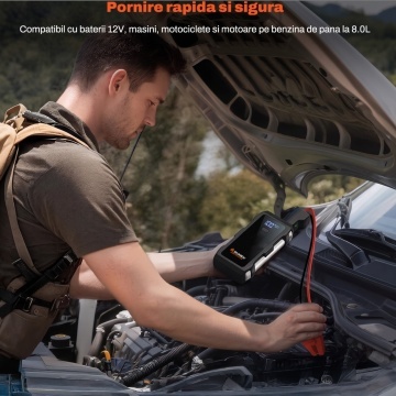 Resigilat - Starter Auto Multifunctional Runex®, Jump Starter Masina, Baterie Litiu-Ion 10000 mAh, Curent 1200 A, Pornire Motoare Benzina pana la 8 L, Diesel pana la 4 L, Lanterna 800 Lumeni, Powerbank, 2 x USB, Type-C, Ecran Inteligent, Cleme Incluse - Img 2
